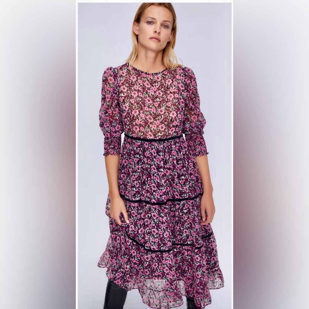 Zara Floral Printing Puff Sleeve Loose Tiered Ruffle Midi Dress  XS
